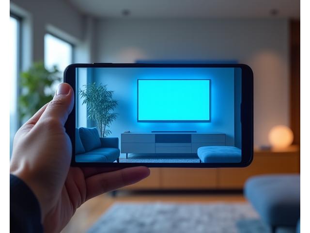 An augmented reality overlay showing a new, ultra-thin smart television perfectly scaled and placed onto a living room wall, visible through a smartphone screen held by a user, integrating seamlessly with the existing decor.