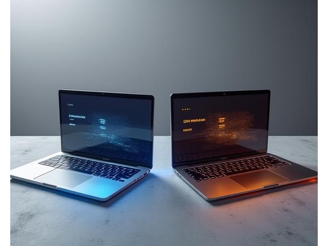 Two different high-end laptops side-by-side on a clean, modern desk, with holographic overlays highlighting their distinct features and specifications, creating a sense of advanced comparison.