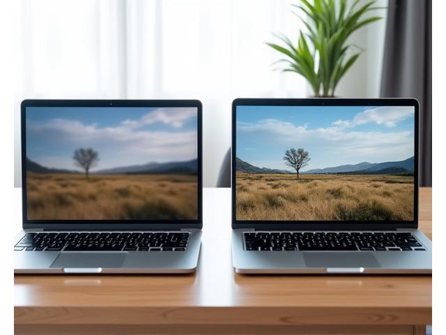 A split screen showing two laptops side-by-side. One displays a blurry, pixelated image, and the other shows the same image in crystal clear, enhanced detail, demonstrating a visual processing feature.