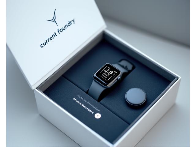 An open, elegantly designed product box with a new, sleek smartwatch delicately placed on a velvet insert, surrounded by minimalist accessories like a charging cable and quick start guide, all rendered in crisp detail.