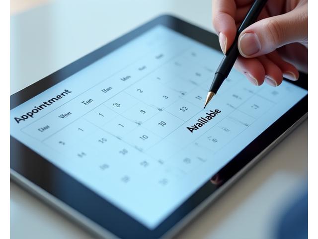 A sleek, modern appointment booking interface on a tablet, showcasing available time slots for a showroom visit. Clean UI, digital calendar, and stylus on screen. Focus on ease and convenience.