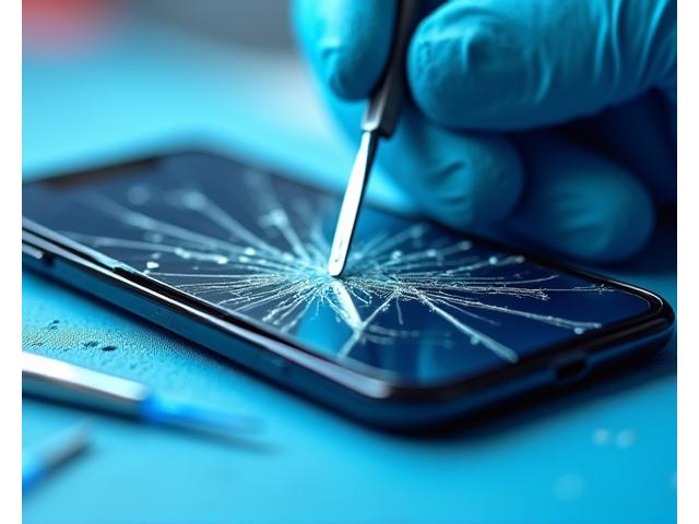 Shattered smartphone screen being repaired, representing accidental damage coverage.