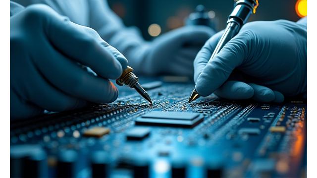 Technician inspecting a circuit board with a magnifying glass, symbolizing rapid assessment.