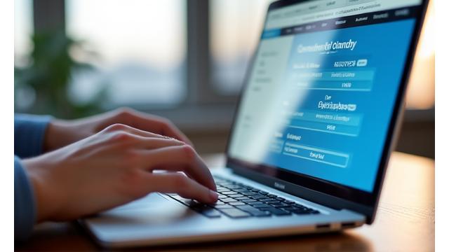 Hands typing on a laptop, with a digital shield icon on screen, symbolizing online claim initiation.