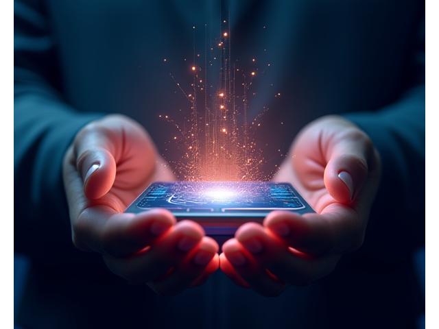 Hands holding a secure device with data flowing, signifying premium data protection.