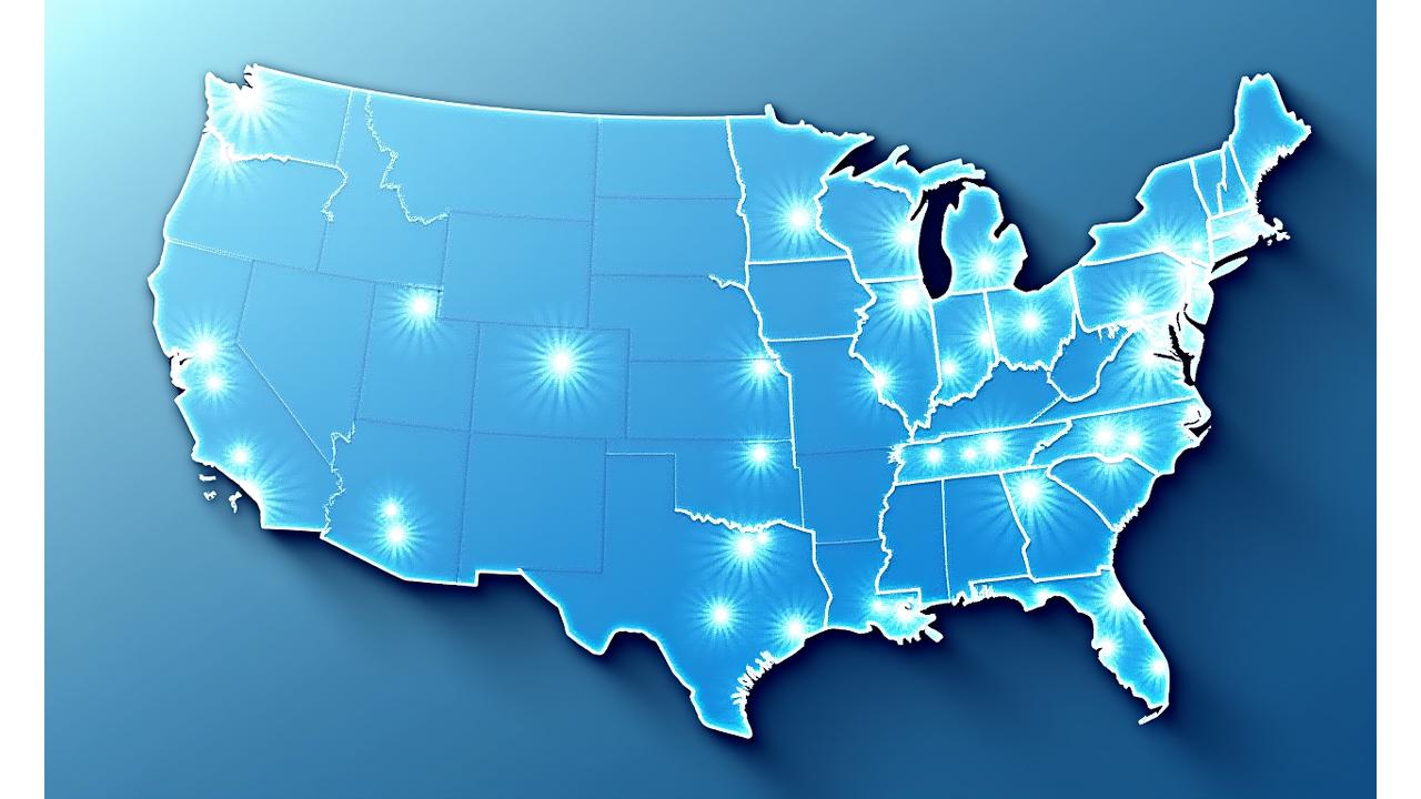 A stylized map of the United States with numerous bright dots indicating service center locations.