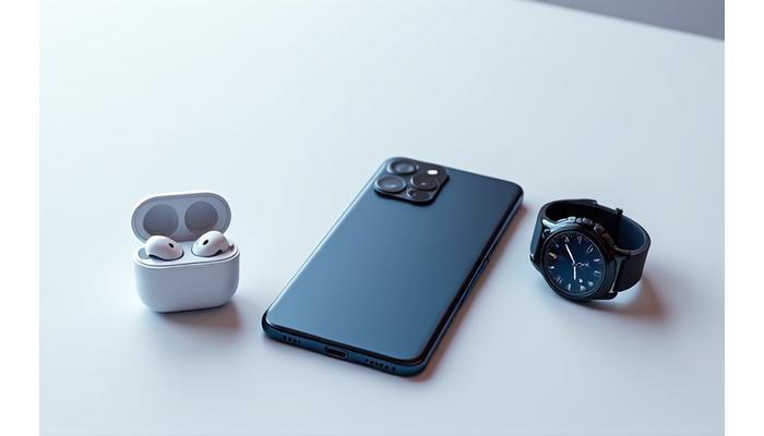 Latest generation smartphone with wireless earbuds and smart watch bundle.