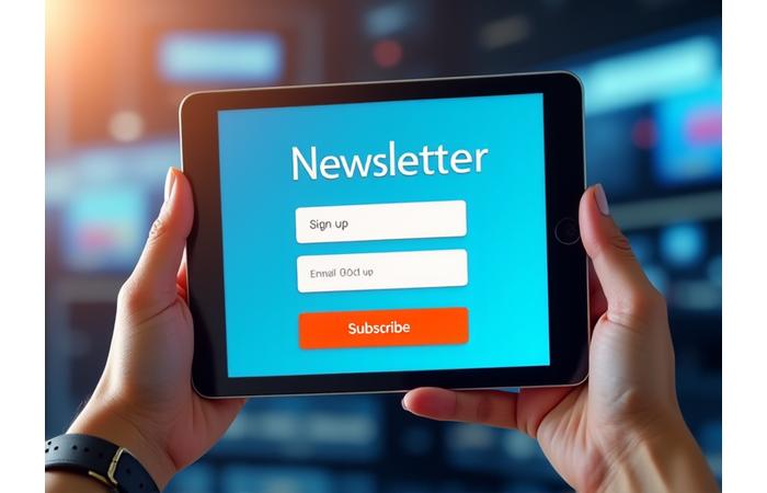 A person holding a tablet displaying a newsletter sign-up form with engaging tech news headlines and a 'subscribe' button.