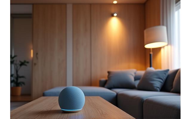 A modern living room seamlessly integrated with smart devices like a voice assistant, smart lighting, and an automated thermostat, all working in harmony.