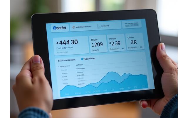 A smart energy dashboard displayed on a tablet, showing real-time electricity consumption and energy-saving tips for a modern home.