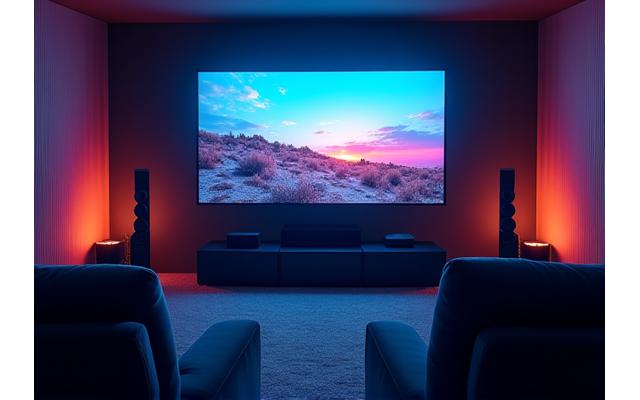 A home theater setup with a large projection screen, crystal-clear sound system, and comfortable seating, all controlled by a single smart remote.