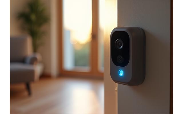 A home security camera with night vision and motion sensors mounted discreetly near a front door, providing peace of mind through smart surveillance.
