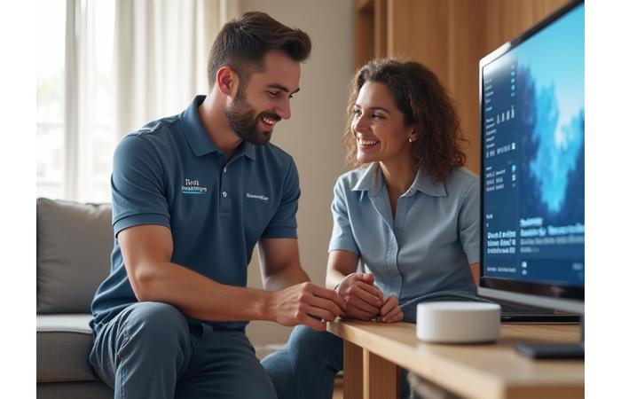 A Current Foundry certified technician friendly interacting with a customer while setting up a smart device in a modern home.