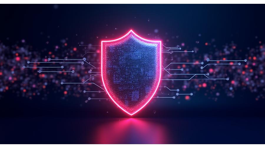 Modern graphic showing an abstract digital shield protecting data, with glowing lines representing encryption and cybersecurity