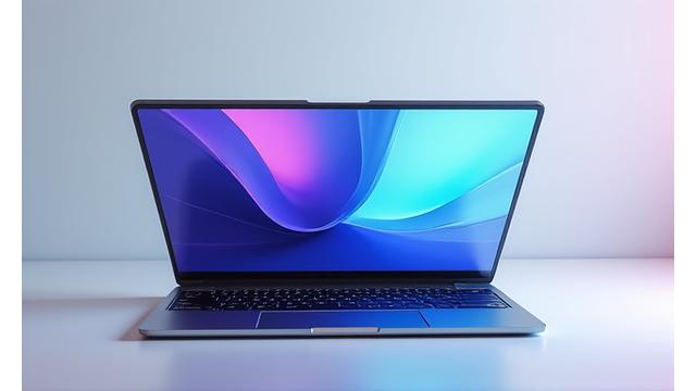 An open, slim laptop on a desk showing a vibrant display