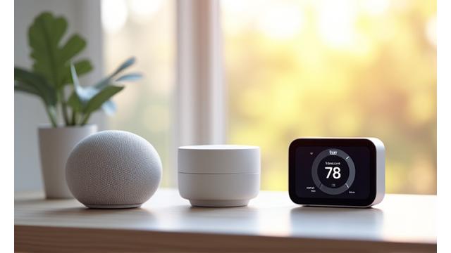 Various smart home devices like a smart speaker and security camera
