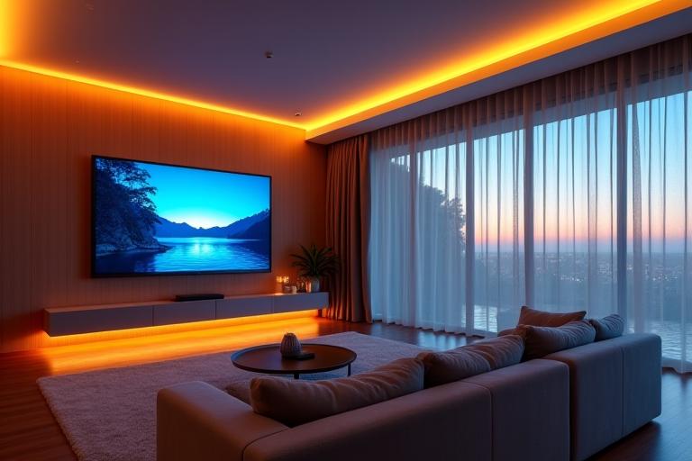 Modern living room with integrated smart home entertainment system and automated blinds