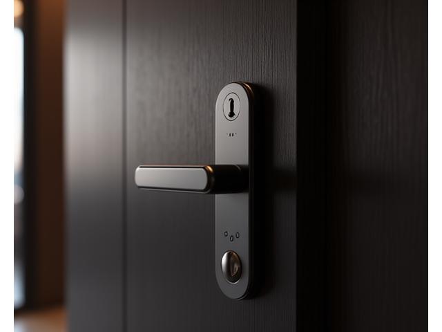Sleek smart lock installed on a modern door, illuminated subtly