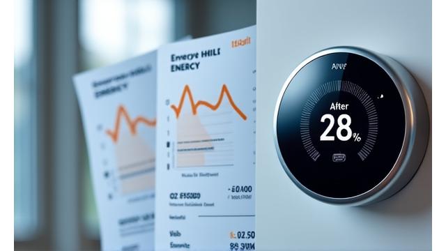 Before and after image of an energy bill showing significant reduction, and a smart thermostat