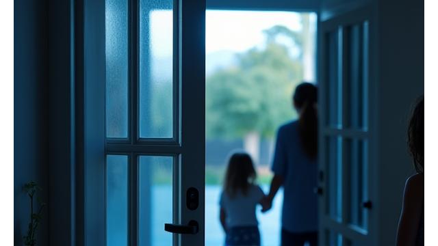 Image showing a secure home with a smart camera monitoring the entrance, and a family feeling safe inside