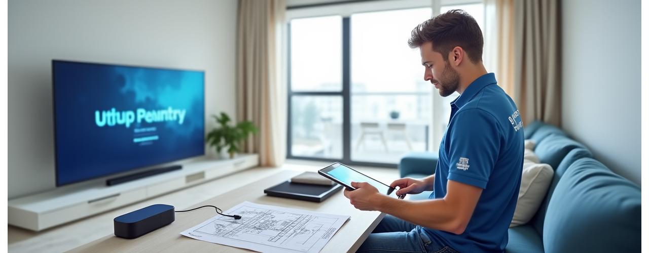 Technician setting up a smart home system with tablets and wires