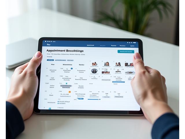 Online booking calendar interface showing available time slots and technician profiles