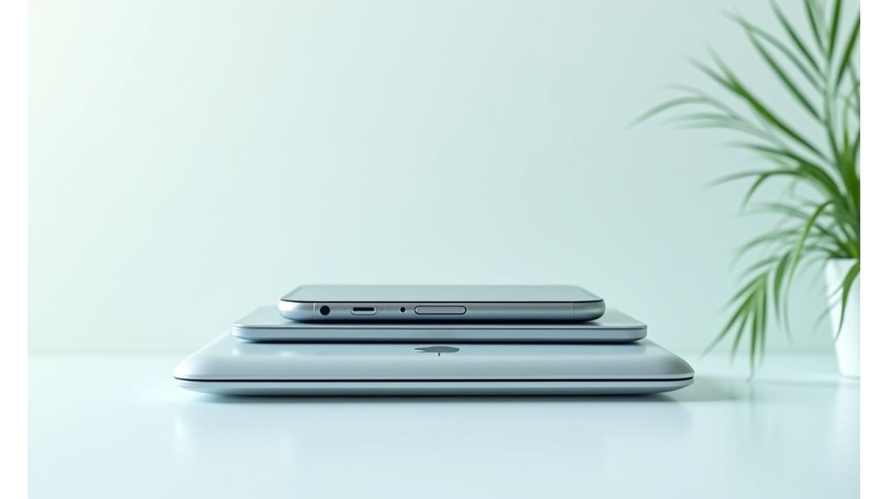 Various modern electronic devices including a smartphone, tablet, and laptop neatly stacked against a clean, bright background, symbolizing technology upgrade and recycling.