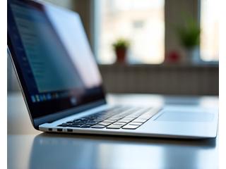 A modern laptop open on a desk next to an external monitor and keyboard, representing desktop computers.