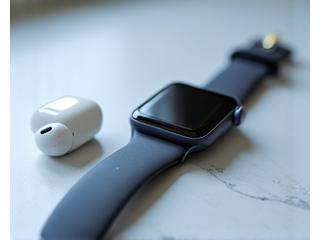 A pair of wireless earbuds resting next to a smartwatch, representing wearable technology and audio devices.
