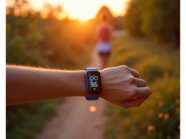 A person's wrist wearing an advanced fitness tracker on a trail, showing steps and heart rate.