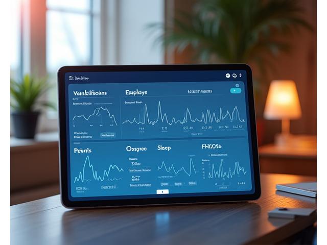 A digital dashboard displaying various health metrics like heart rate variability, blood oxygen, and sleep patterns.