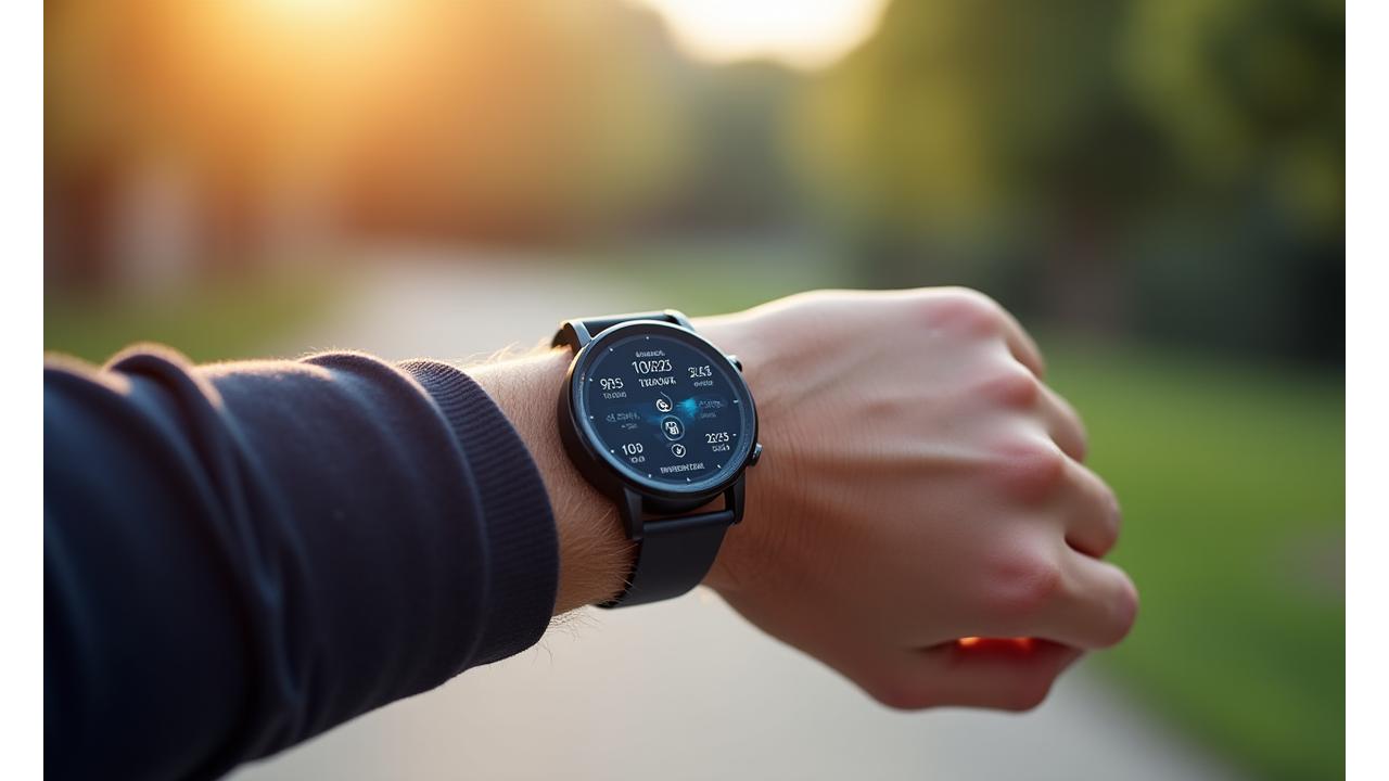 Close-up on a sleek smartwatch displaying health metrics on a wrist during a morning jog, surrounded by subtle glowing data visualizations.