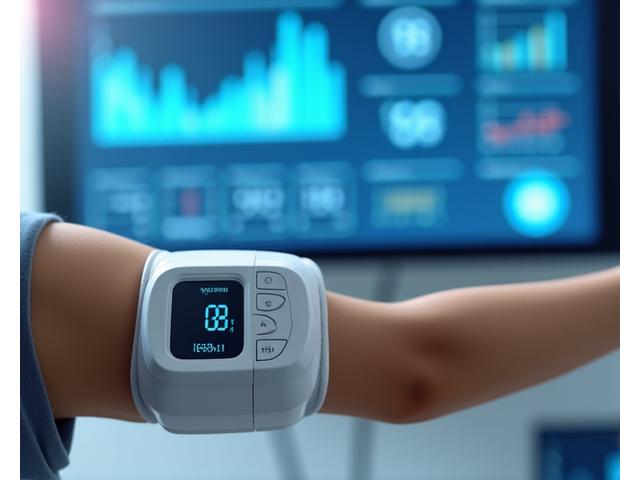 A specialized medical monitoring device taking readings, with data charts in the background.