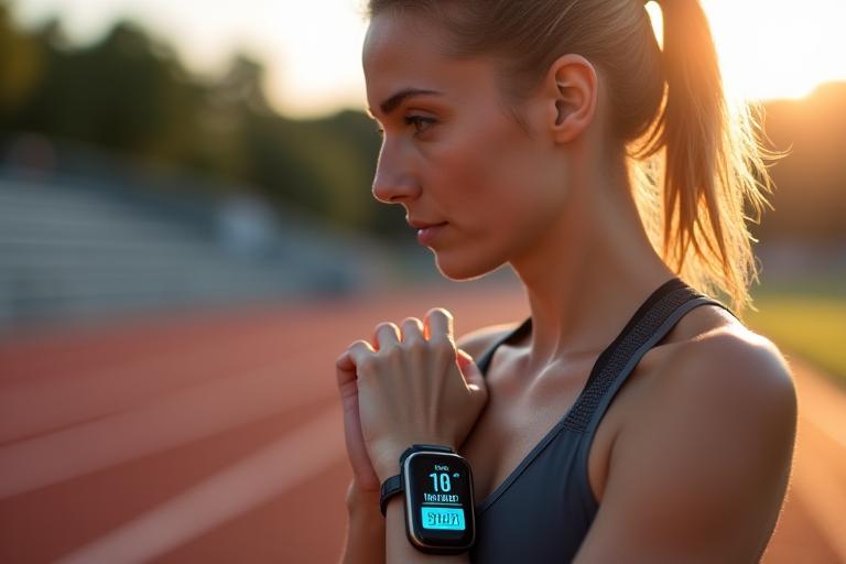 An athlete reviewing performance metrics on a wearable device after a track workout, with a blurred athletic field in the background.
