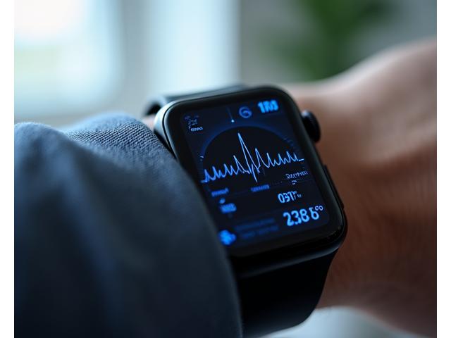 A close-up of a smartwatch display showing comprehensive health features like ECG, SpO2, and temperature.